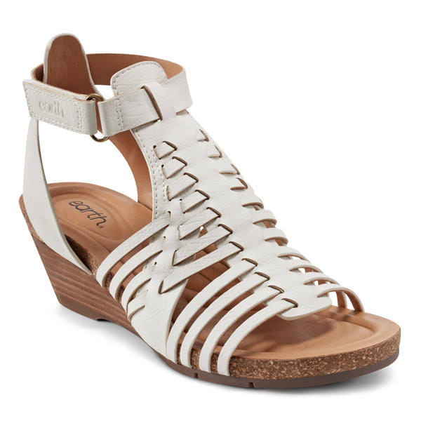Earth Shoes Hattie Round Toe Strappy Wedge Sandals Ivory