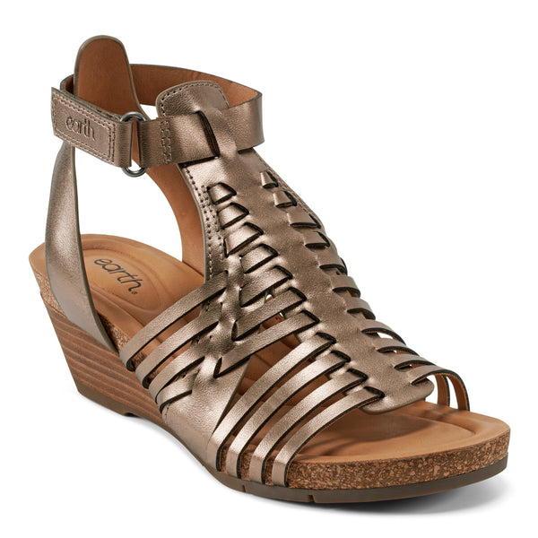 Earth Shoes Hattie Round Toe Strappy Wedge Sandals Pewter