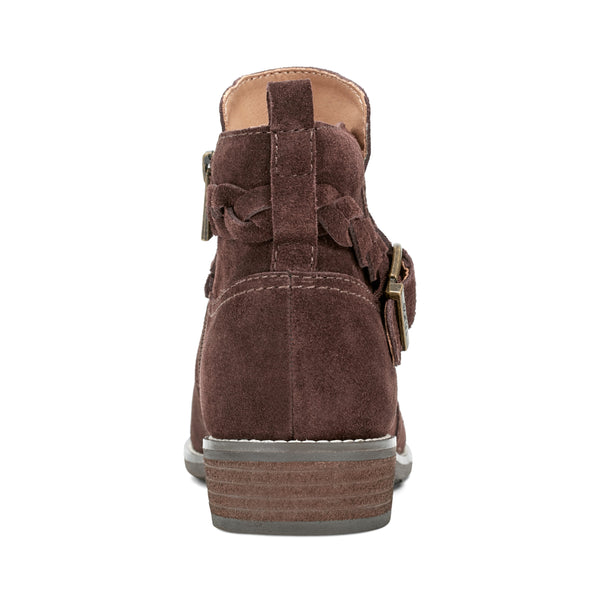 Earth Shoes Nicole Round Toe Stacked Heel Casual Booties Chocolate Suede