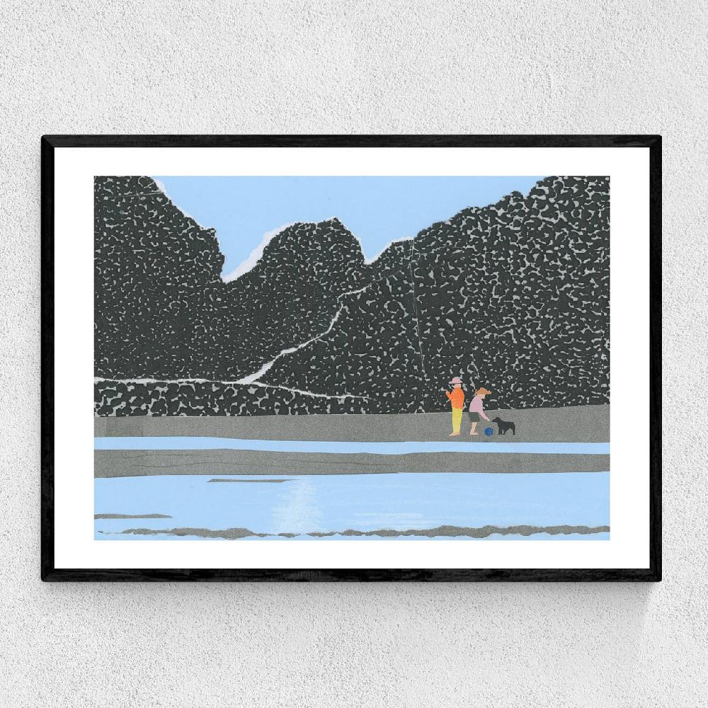 east end prints Blue Beach Coastline Sea Collage With People And Dog