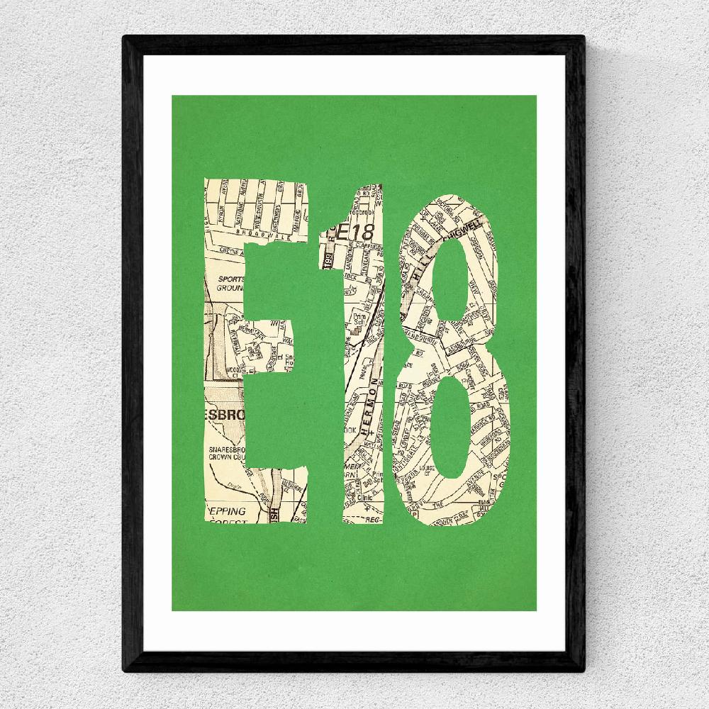 East End Prints E18 Postcode Map