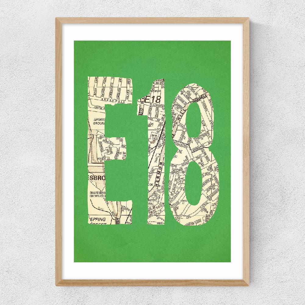 East End Prints E18 Postcode Map