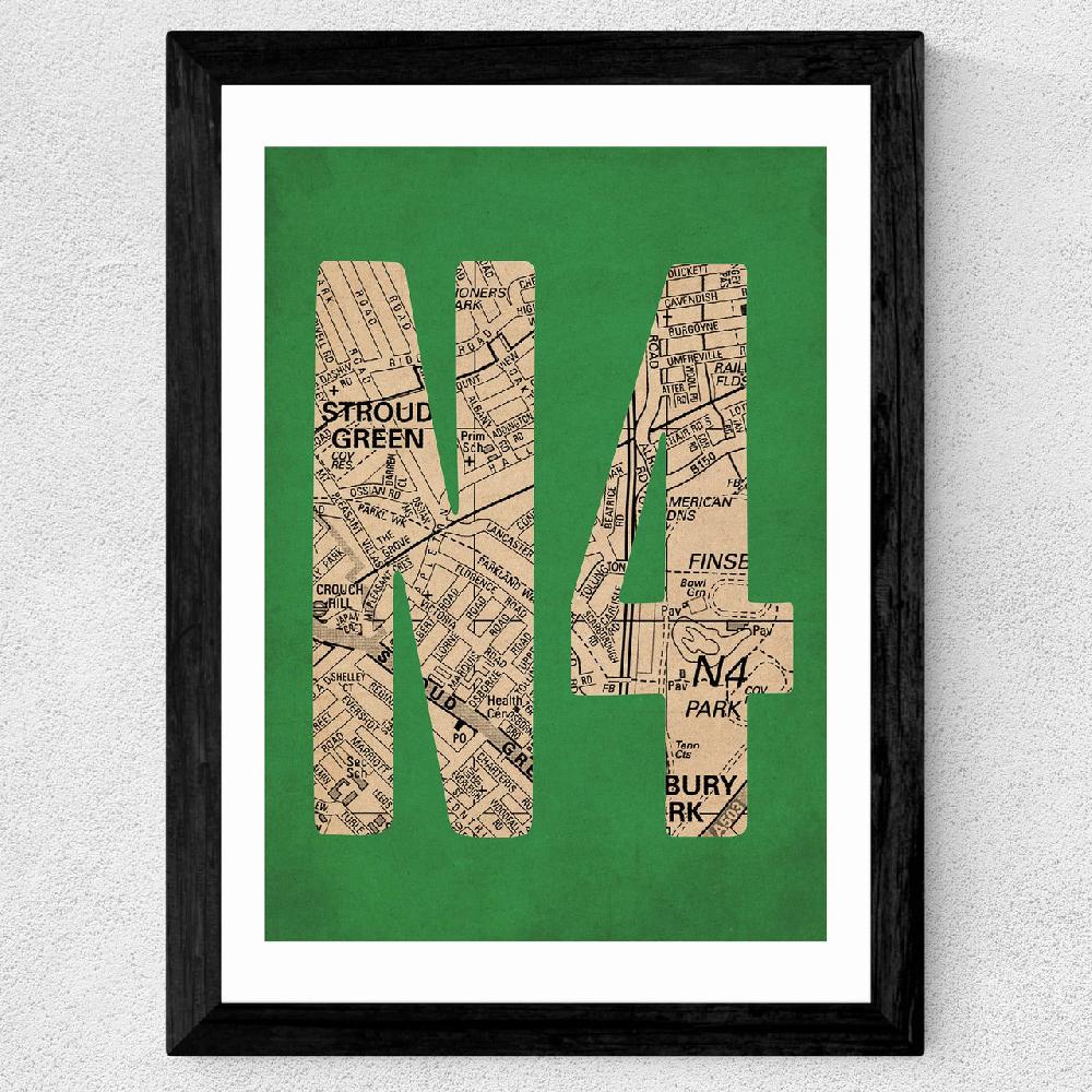 East End Prints N4 Postcode Map