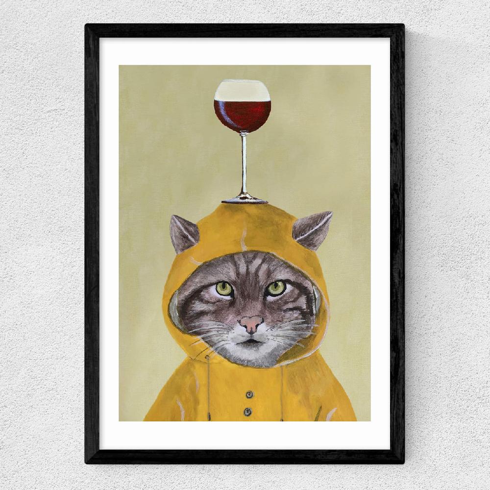 East End Prints Raincoat Cat With Wineglass