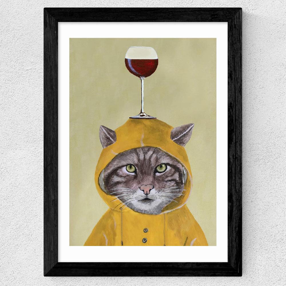 East End Prints Raincoat Cat With Wineglass
