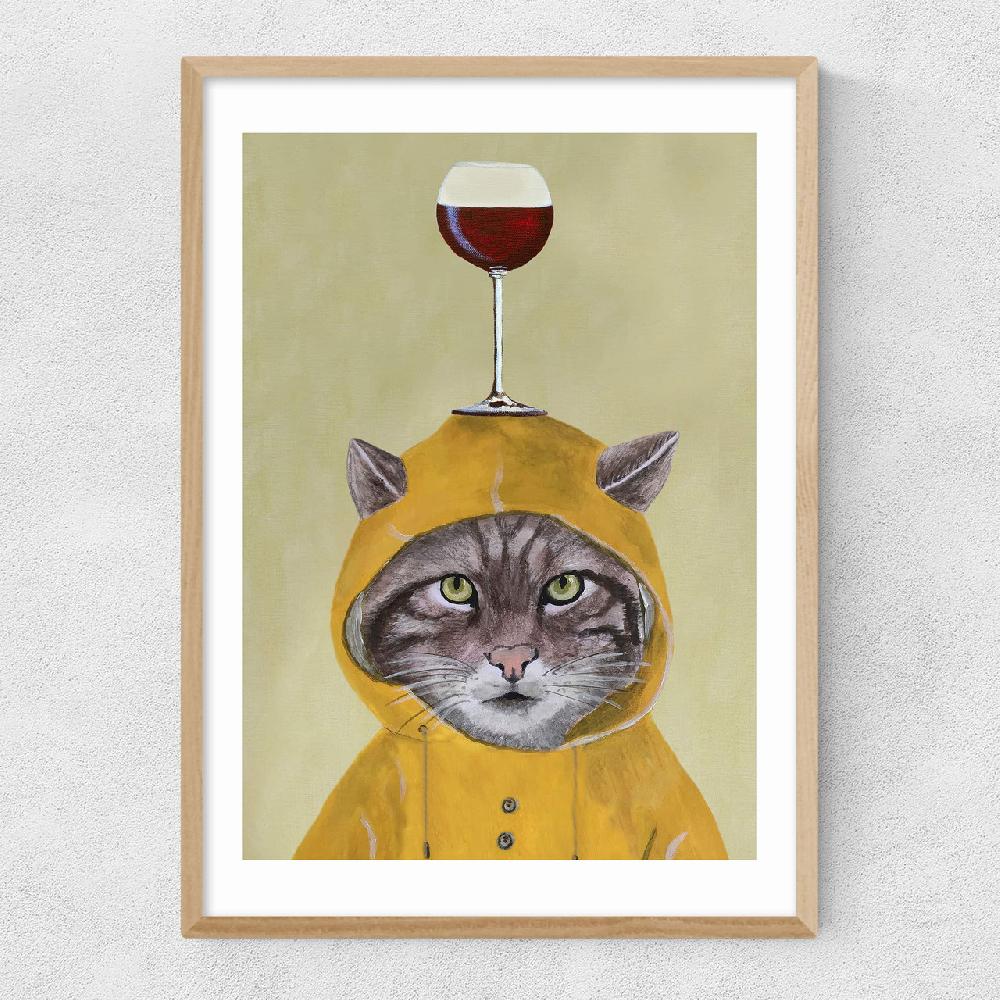 East End Prints Raincoat Cat With Wineglass