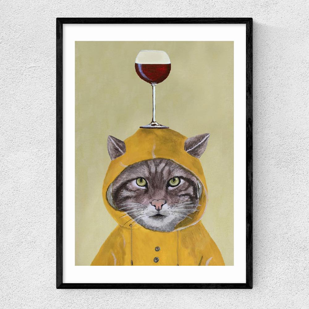 east end prints Raincoat Cat With Wineglass