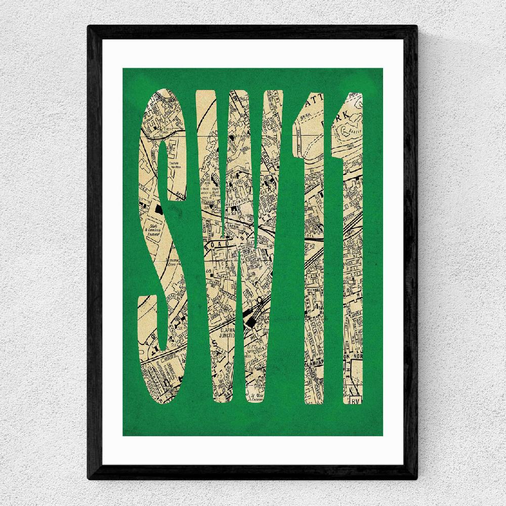 East End Prints SW11 Postcode Map