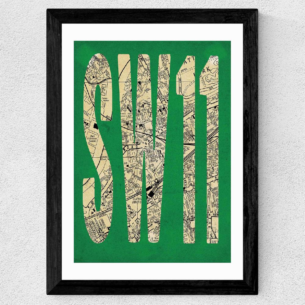 East End Prints SW11 Postcode Map
