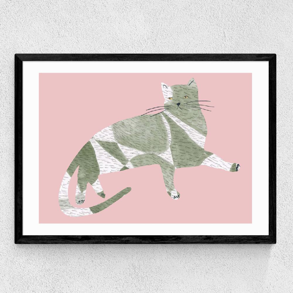 East End Prints Pink And Green Hand-drawn Cat Collage