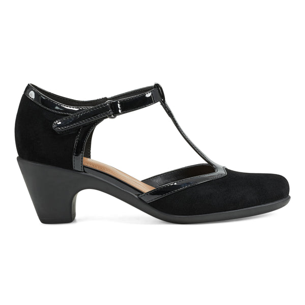 Easy Spirit Cara T-Strap Heels Black Suede