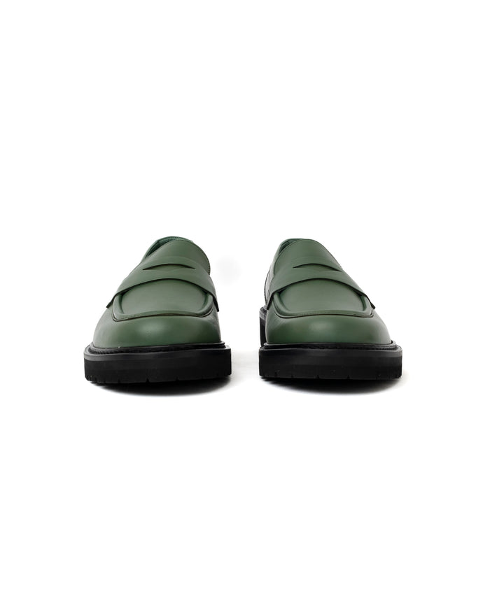 Eat Dust Vinny's Richee Penny Loafer Green Leather