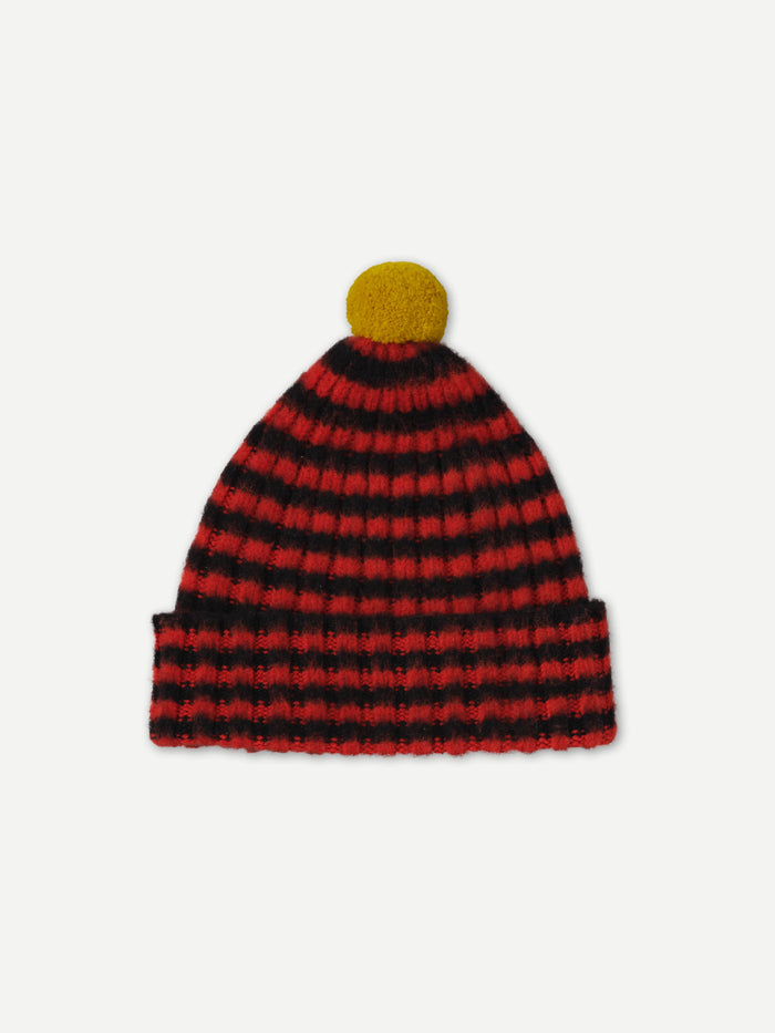 eat dust JG Brushed Narrow Stripe PomPom Hat Black/Red Dulse