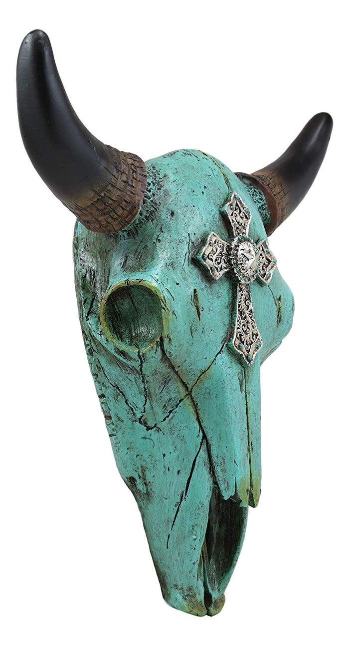 Ebros Gift 10.5"W Turquoise Southwest Steer Bison Bull Cow Skull Silver Cross Wall Decor