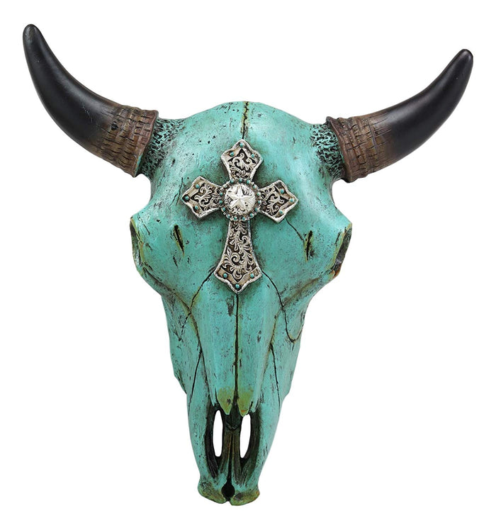 Ebros Gift 10.5"W Turquoise Southwest Steer Bison Bull Cow Skull Silver Cross Wall Decor