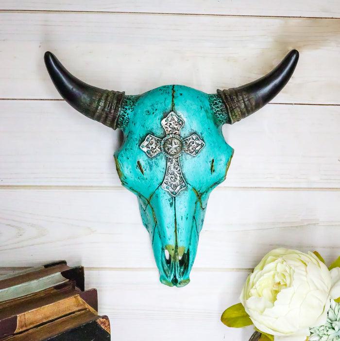 ebros gift 10.5"W Turquoise Southwest Steer Bison Bull Cow Skull Silver Cross Wall Decor