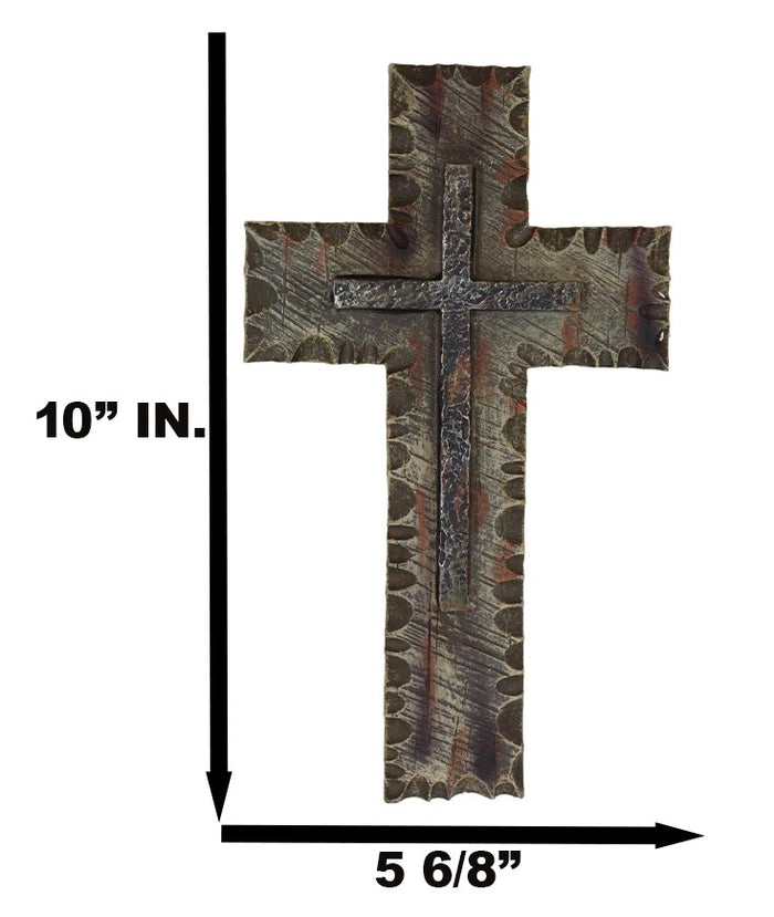 Ebros Gift 10"H Rustic Western Chiseled And Chipped Faux Wood Layered Wall Cross Crucifix