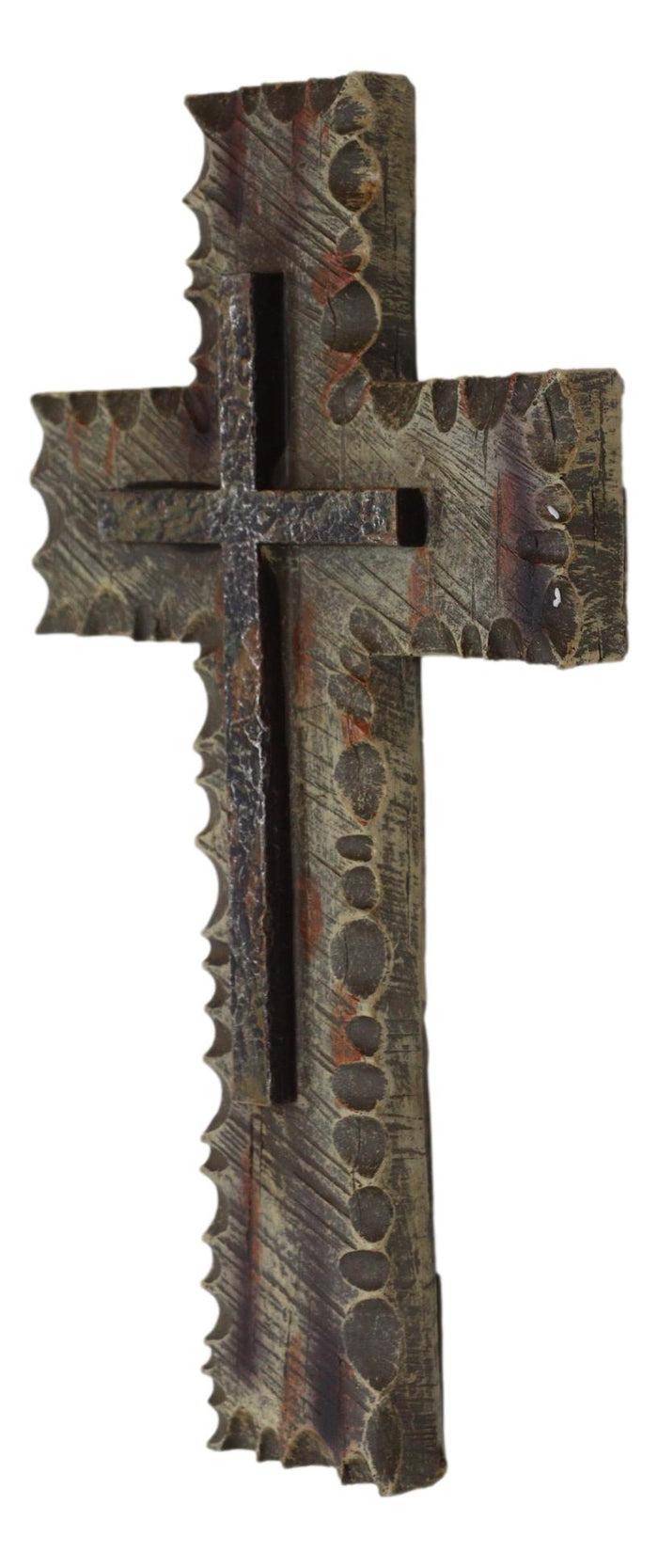Ebros Gift 10"H Rustic Western Chiseled And Chipped Faux Wood Layered Wall Cross Crucifix