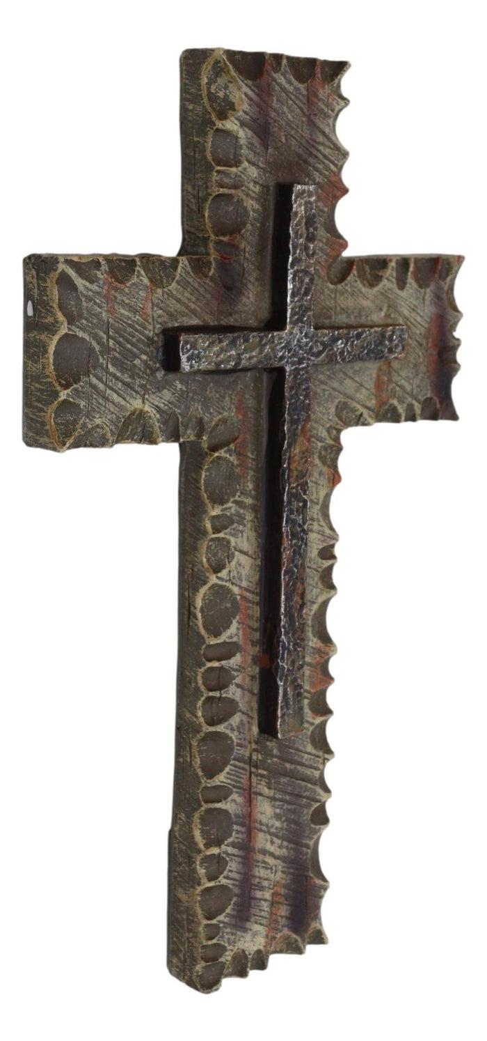 Ebros Gift 10"H Rustic Western Chiseled And Chipped Faux Wood Layered Wall Cross Crucifix