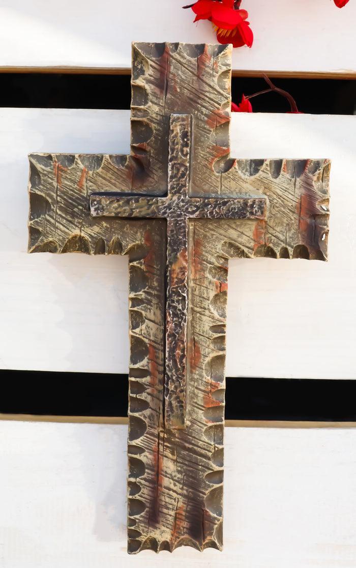 ebros gift 10"H Rustic Western Chiseled And Chipped Faux Wood Layered Wall Cross Crucifix