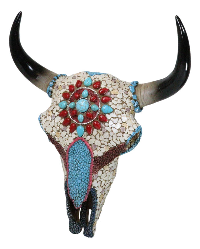 Ebros Gift 10"H Turquoise Red Teardrop Gems Mosaic Southwest Steer Cow Skull Wall Decor