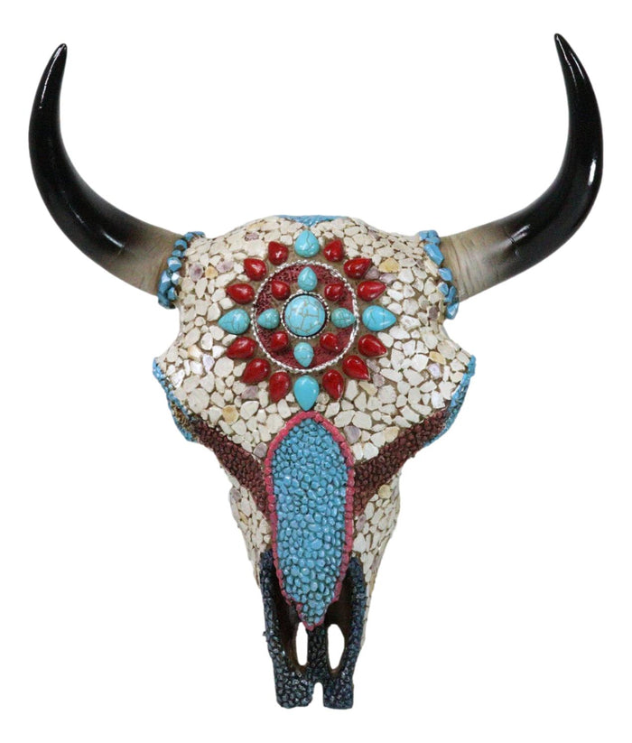 ebros gift 10"H Turquoise Red Teardrop Gems Mosaic Southwest Steer Cow Skull Wall Decor