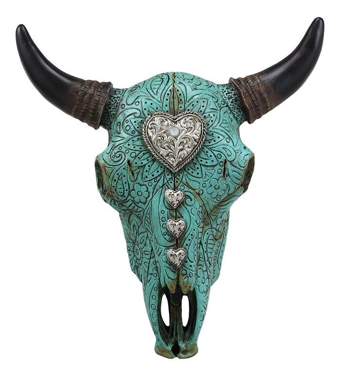 Ebros Gift 10"L Southwest Steer Bison Bull Cow Skull Turquoise With Scroll Heart Wall Decor