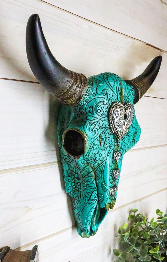 Ebros Gift 10"L Southwest Steer Bison Bull Cow Skull Turquoise With Scroll Heart Wall Decor