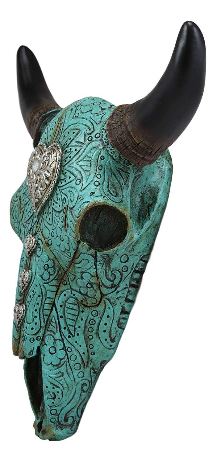 Ebros Gift 10"L Southwest Steer Bison Bull Cow Skull Turquoise With Scroll Heart Wall Decor