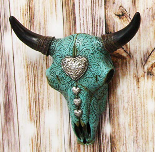 ebros gift 10"L Southwest Steer Bison Bull Cow Skull Turquoise With Scroll Heart Wall Decor