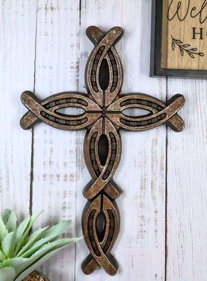 ebros gift 11.5"H Rustic Western Horseshoes Ichthys Christian Wall Cross Decor Plaque