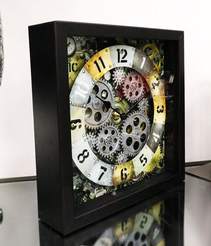 Ebros Gift 11" Square Steampunk Industrial Sci Fi Desktop Or Wall Clock With Spinning Gears