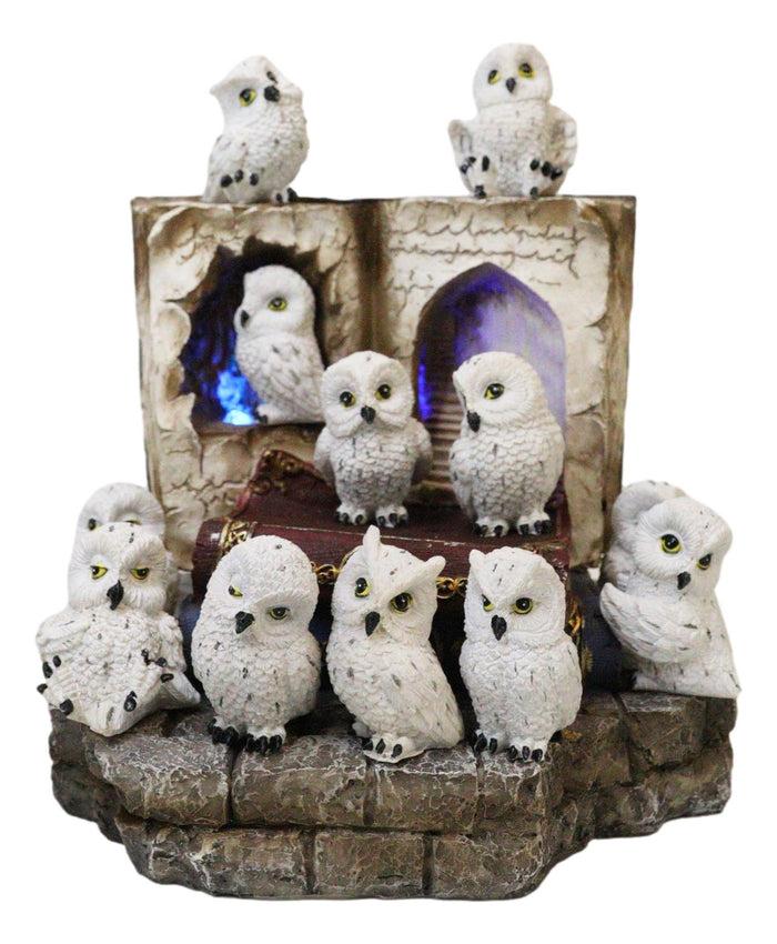 Ebros Gift 12 Mini Snow White Owls On Pentagram Spell Books With Secret Caverns LED Display