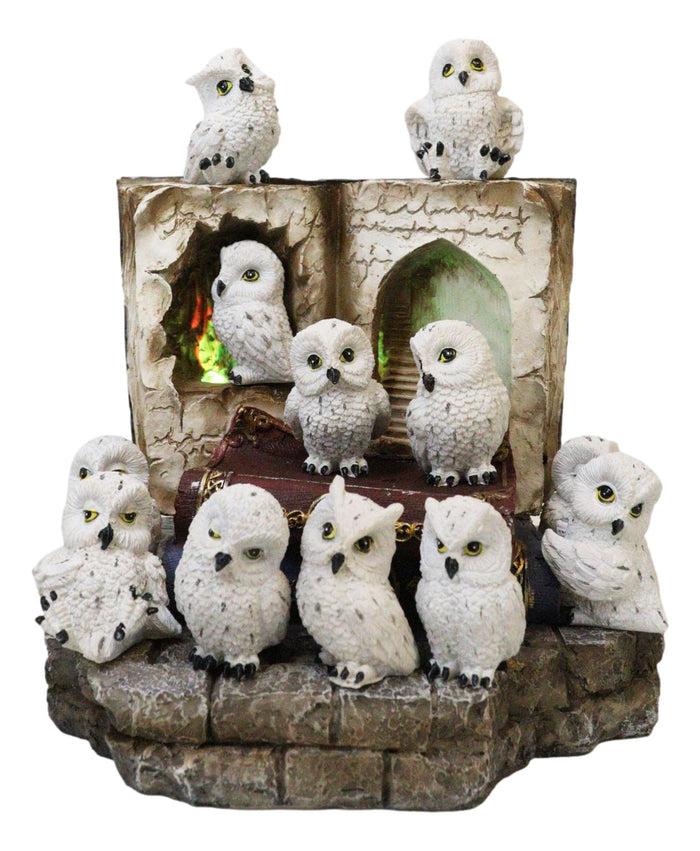 Ebros Gift 12 Mini Snow White Owls On Pentagram Spell Books With Secret Caverns LED Display