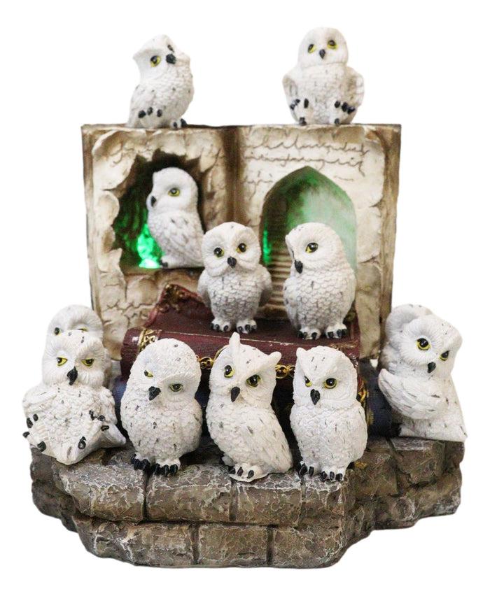 Ebros Gift 12 Mini Snow White Owls On Pentagram Spell Books With Secret Caverns LED Display