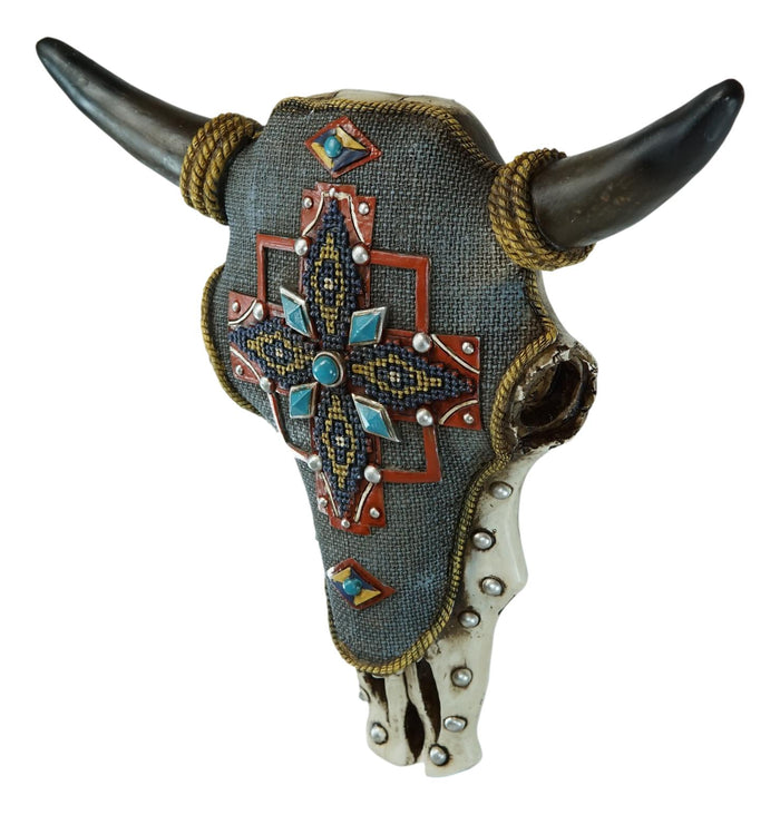 Ebros Gift 12" W Western Bejeweled Bull Bison Cow Skull With Denim Finish Wall Decor Plaque