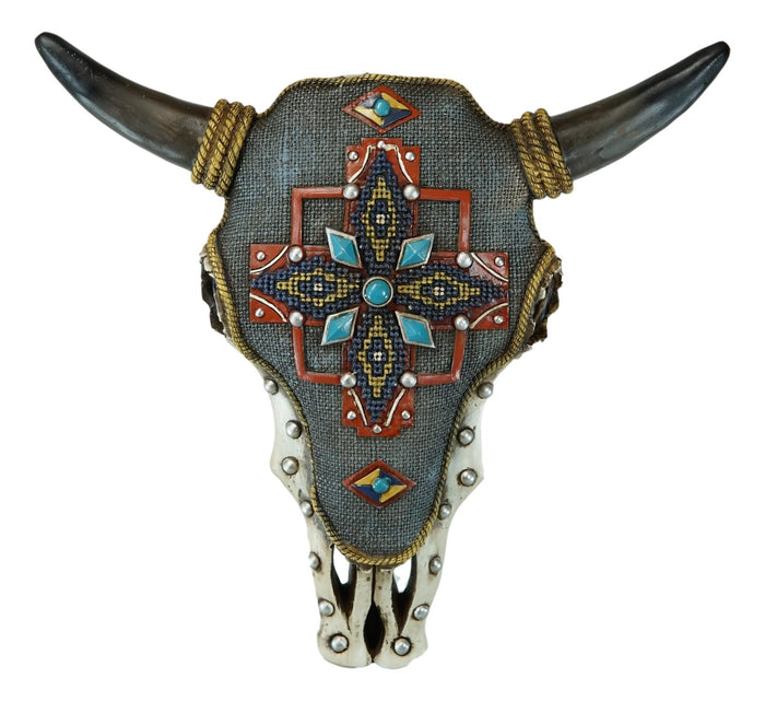 Ebros Gift 12" W Western Bejeweled Bull Bison Cow Skull With Denim Finish Wall Decor Plaque