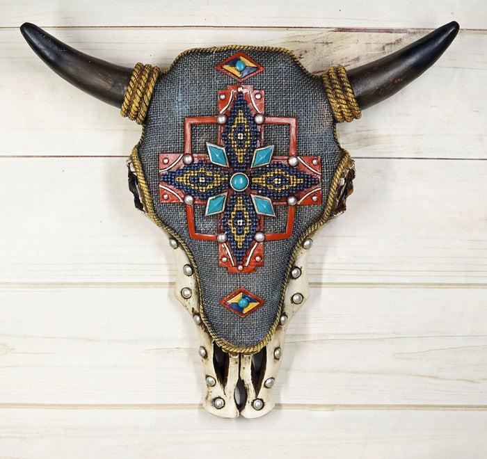 ebros gift 12" W Western Bejeweled Bull Bison Cow Skull With Denim Finish Wall Decor Plaque