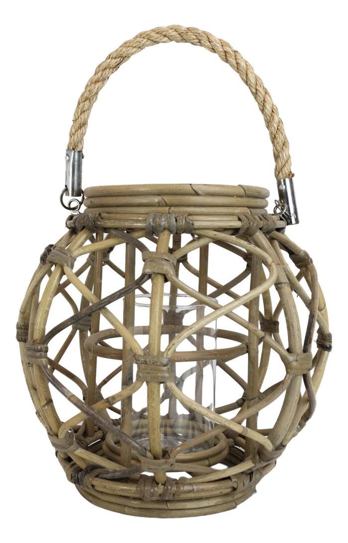 Ebros Gift 13"H Rustic Farmhouse Brown Woven Rattan Candle Lantern With Jute Rope Handle