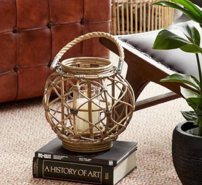 ebros gift 13"H Rustic Farmhouse Brown Woven Rattan Candle Lantern with Jute Rope Handle