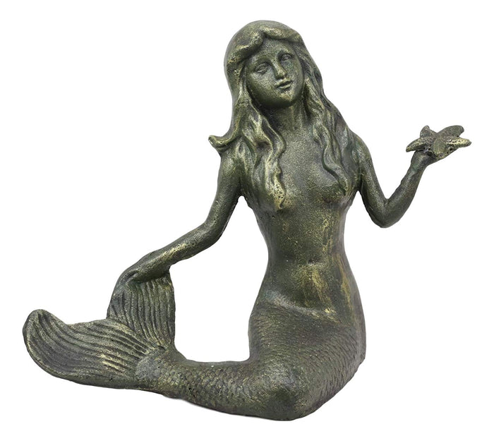 Ebros Gift 13"L Cast Iron Large Nautical Siren Mermaid Holding Starfish Verdi Green Statue