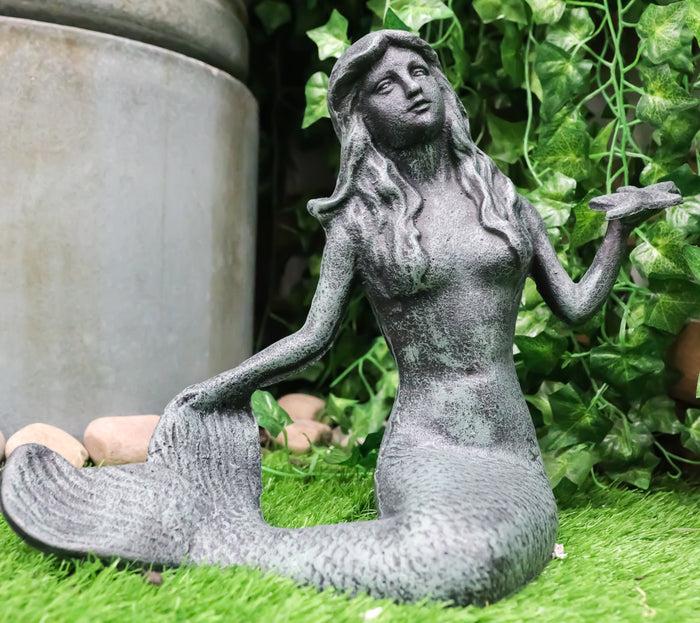ebros gift 13"L Cast Iron Large Nautical Siren Mermaid Holding Starfish Verdi Green Statue