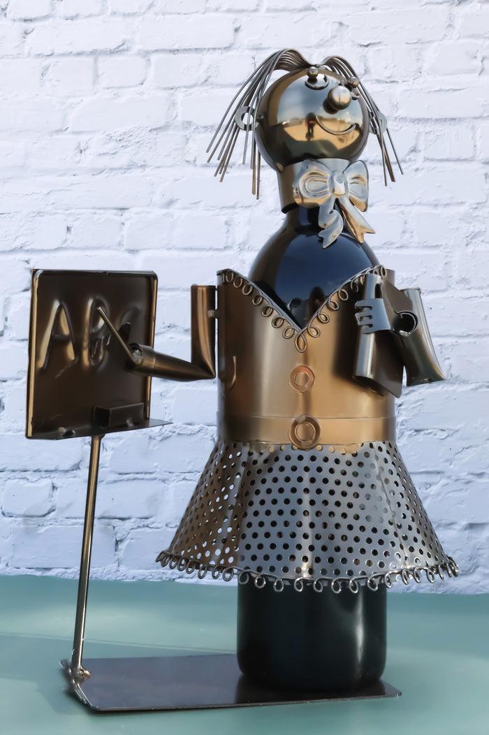 ebros gift 13" Tall Female Teacher With Lesson Board Hand Made Metal Wine Bottle Holder Caddy Figurine