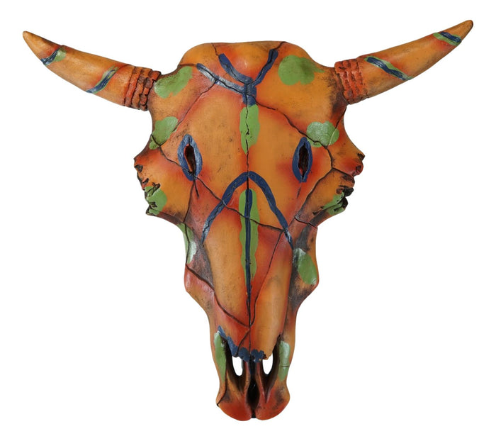 Ebros Gift 13" W Western Bull Bison Cow Skull With Colorful Tribal Tattoo Wall Decor Plaque