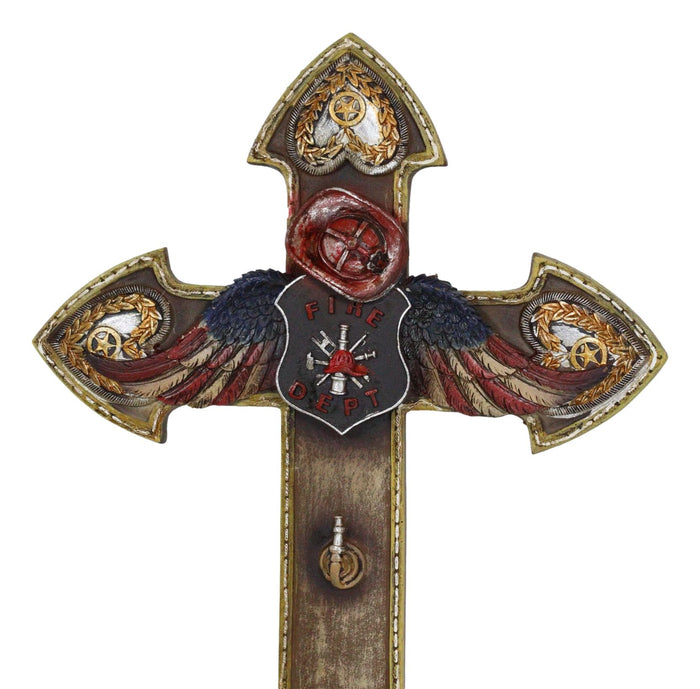 Ebros Gift 14"H Fire Department Fireman Helmet USA Wings Wheat Star Hearts Wall Cross Decor
