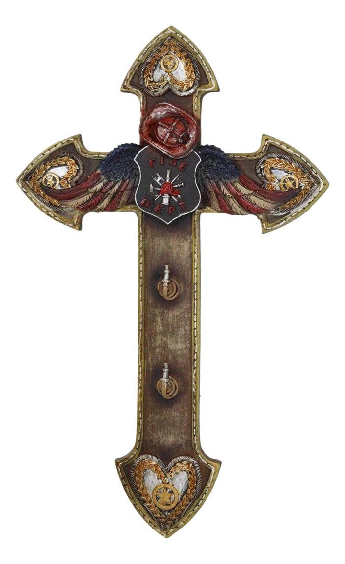 ebros gift 14"H Fire Department Fireman Helmet USA Wings Wheat Star Hearts Wall Cross Decor