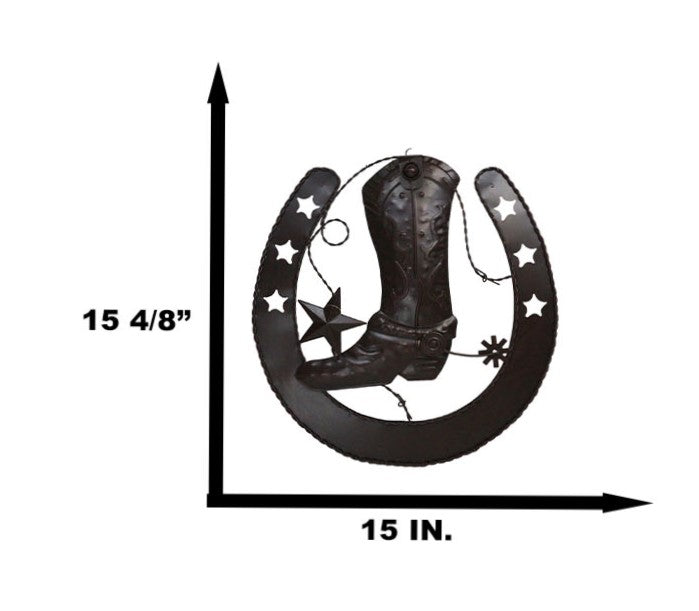 Ebros Gift 15"D Rustic Western Lucky Horseshoe Cowboy Boot Spur Stars Metal Wall Decor Sign