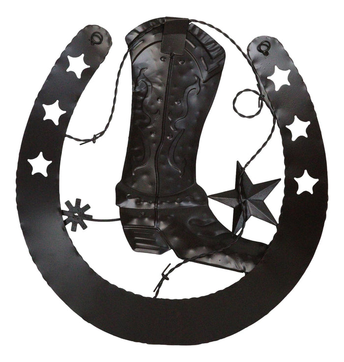Ebros Gift 15"D Rustic Western Lucky Horseshoe Cowboy Boot Spur Stars Metal Wall Decor Sign