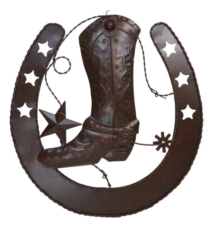 ebros gift 15"D Rustic Western Lucky Horseshoe Cowboy Boot Spur Stars Metal Wall Decor Sign