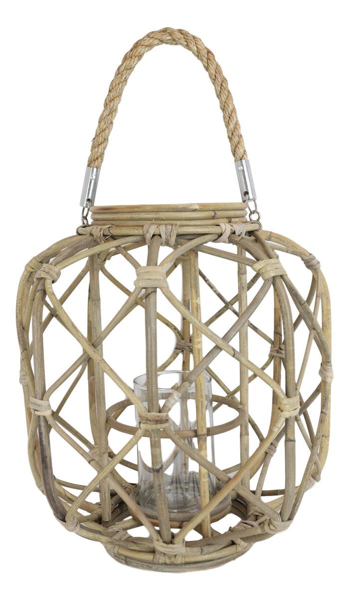 Ebros Gift 15"H Rustic Farmhouse Brown Woven Rattan Candle Lantern With Jute Rope Handle